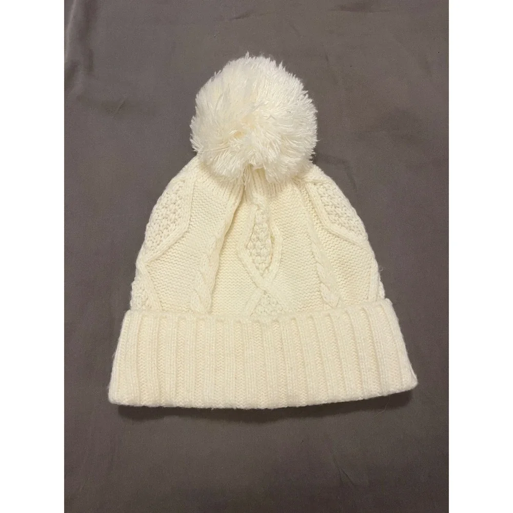 Gap Kids Cream Cable Knit Pom Pom Beanie Hat Off White Acrylic 52-54cm